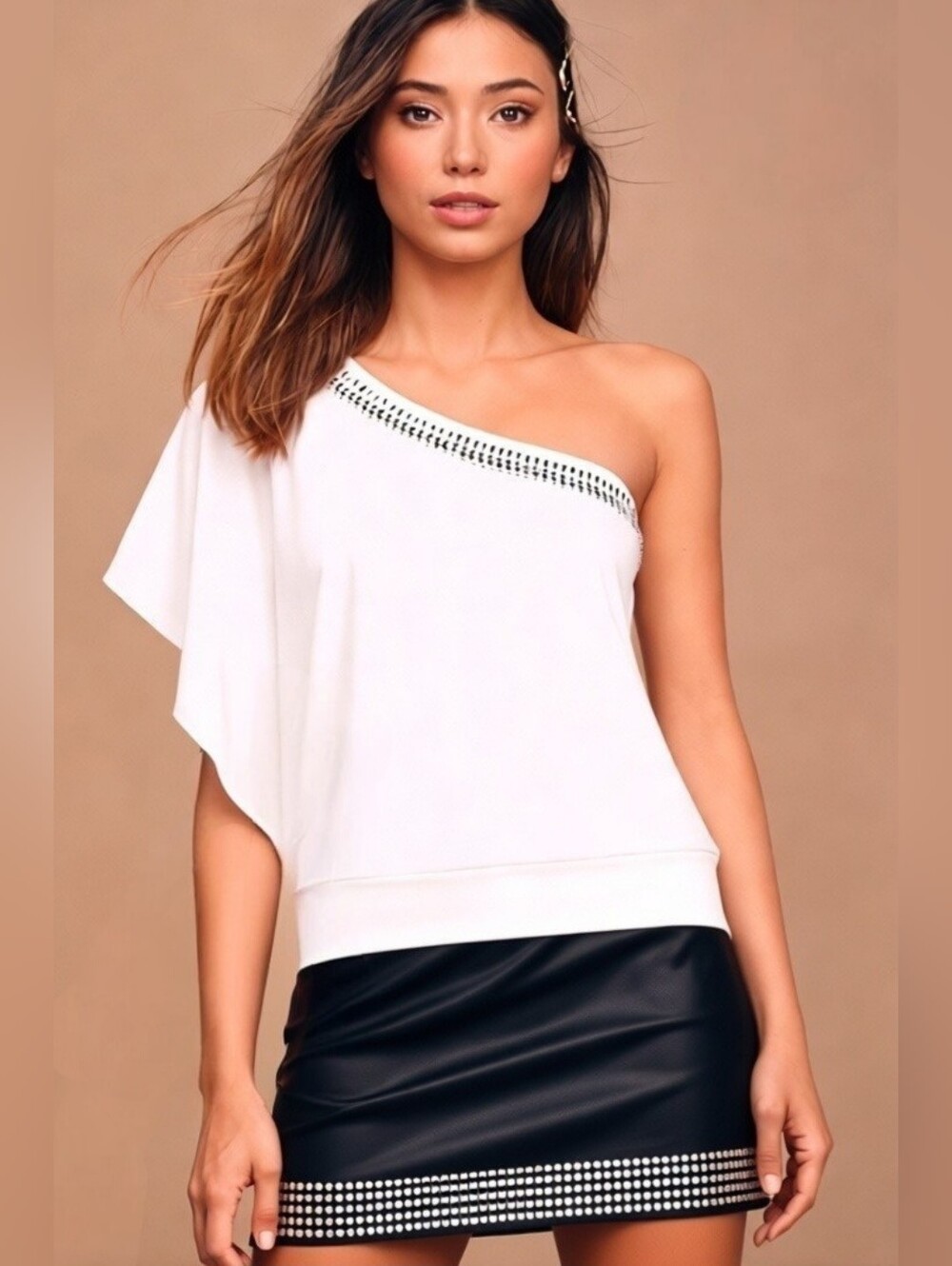 Guess Cream Studded One Sleeve Top